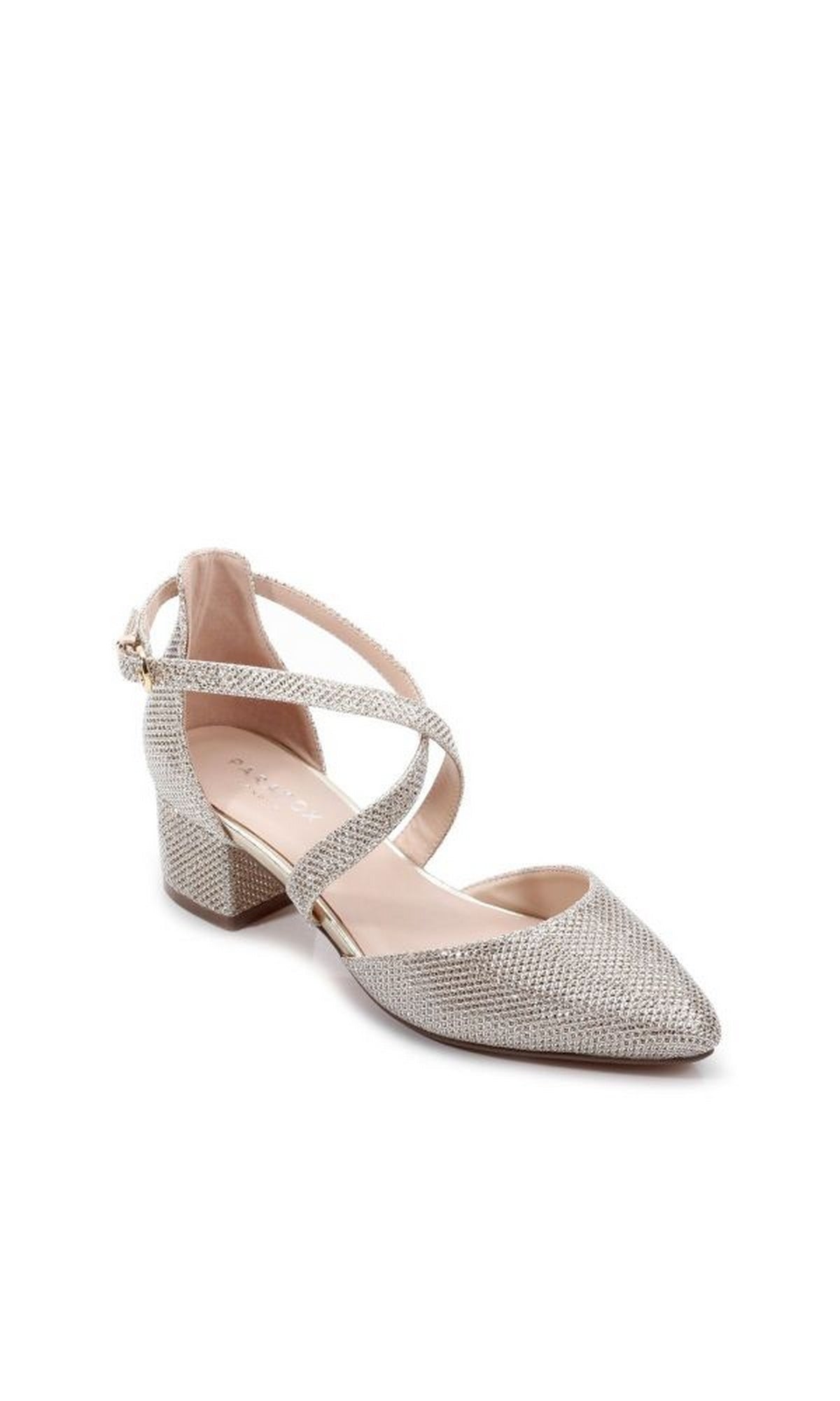 The Francis Champagne Closed Toe Low Heel Prom Shoes P2227 feature a pointed toe, low block heel, textured finish, and crisscross ankle straps with a small side buckle—perfect as elegant block heel prom shoes.